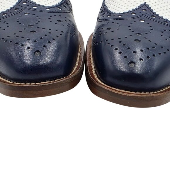 Paul Fredrick Navy Blue White Leather Wingtip Derby Oxfords Mens 8 Dress Shoes - Picture 9 of 10